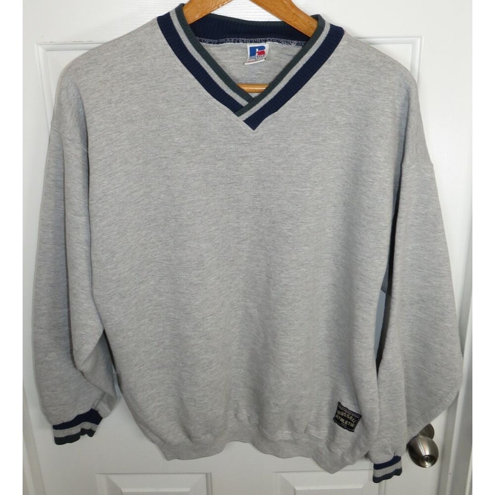 Vintage Russell Athletic Sweatshirt V-Neck Stripe Ribbed Trim Size XL USA Made